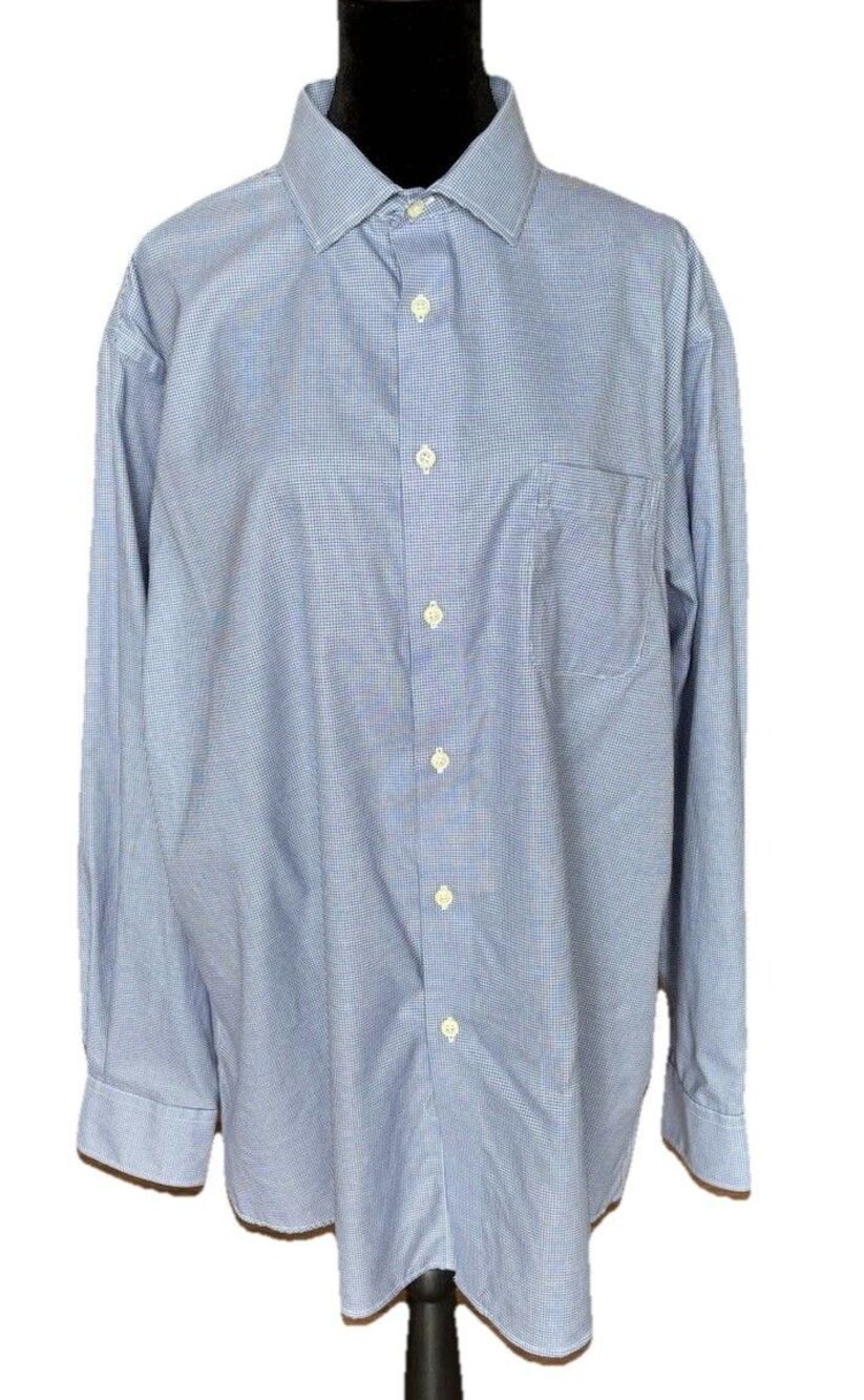 Pronto Uomo 17.5 34/35 Non Iron Dress Shirt Blue & White 100% Egyptian Cotton